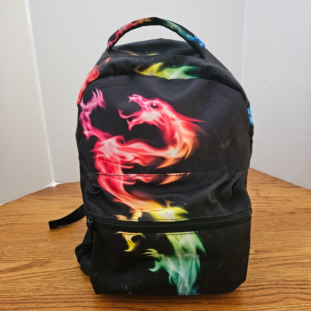Fire Rainbow Dragon Backpack School Bookbag 15 x 11 x 6" Multiple Pockets